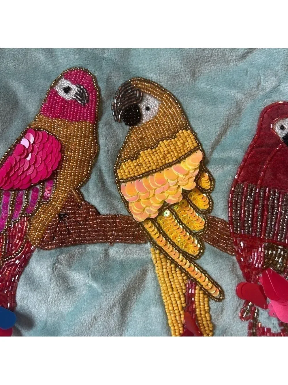 Velvet Aqua Beaded Sequin Pillow Covers Set of 2 Birds Cotton Zipper Closure
